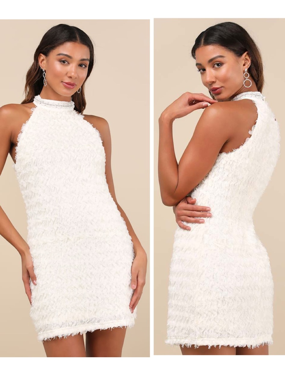 Lulus Absolutely Luxe Cream Textured Pearl Halter Mini Dress Size Medium Bridal